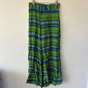 Global Desi Boho Pants Womens Small Green Blue Hippie Wide Leg Flowy Zip Front